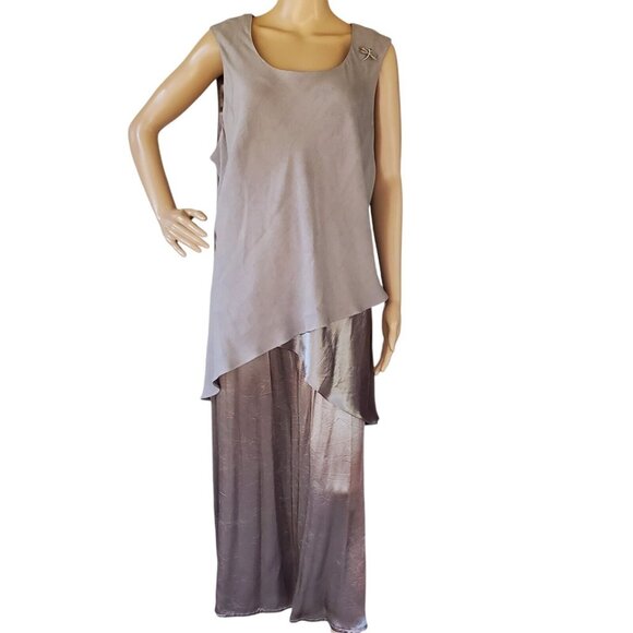 VTG Wayne Diamond 2 Pc Skirt Set Women's 22 Gray Tank Blouse Satin Dragonfly Pin - Picture 2 of 12